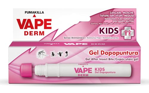 FUMAKILLA VAPE DERM KIDS GEL DOPOPUNTURA, Prodotto cosmetico specifico per alleviare il fastidio da punture di insetto, Proprietà lenitive e rinfrescanti, Per pelli sensibili, 10 ml