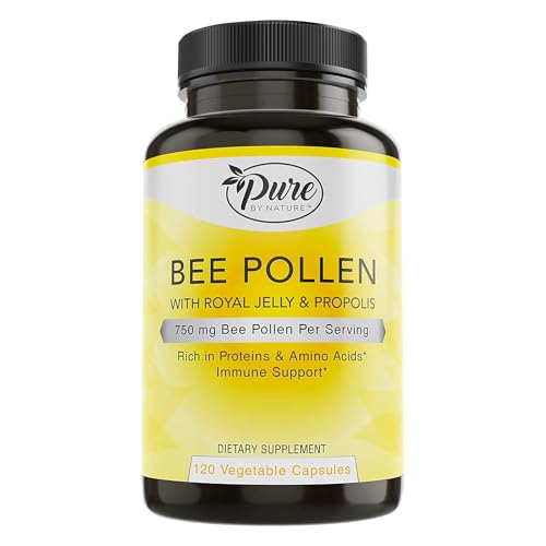 Pure By Nature Bee Pollen Supplement with Propolis & Royal Jelly for Immune Support, Antioxidant Properties, 120 Non-GMO Vegetarian Capsules