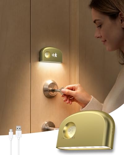 Keyhole Light Battery Powered Motion Sensor Lights Door Lock Light Magnetic & Dimmable PIR Wireless Motion Detector 6500K Soft White Portable Nightlight for Hallway Appliance Bathroom (1 Gold)