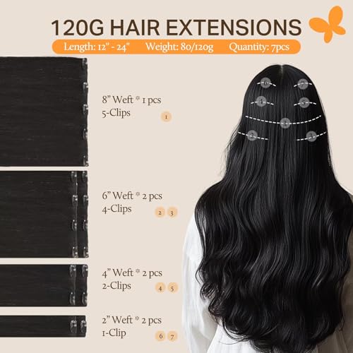 Image of DOORES Hair Extensions Real Human Hair, Natural Black 120g 7pcs 20 Inch, Clip in Extensions for Fine Thin Add Volume, for Party & Holiday Events for Women Thick Silky