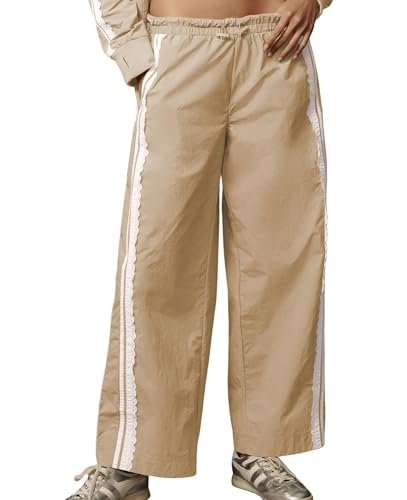 Women Side Stripe Pants Y2k Elastic Waist Wide Leg Baggy Track Pant Lace Trim Parachute Pants with Pockets
