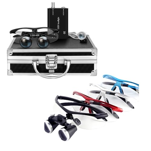 Image of Dental Surgical Working Distance Optical Binocular Glass Loupes with led Head Light & Battery in Filter Aluminum Box Style (Silver) (Magnification: 3.5 X4.20mm)