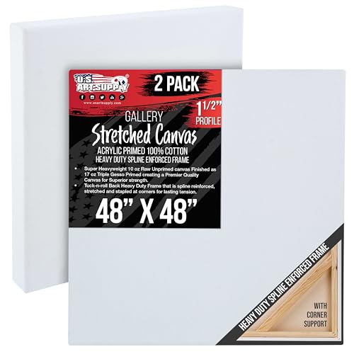 U.S. Art Supply X-Large Stretched Canvas for Painting 48x48 inch Gallery Depth 1-1/2 Thick 2-Pack - 12oz Acrylic Gesso Triple Primed Professional Artist Quality 100% Cotton - Oil Pouring Paint