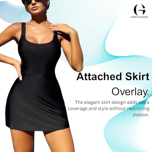 Image of GRECIILOOKS Women Lycra Frock Style Short Attached Padded One-Piece Swimming Costume | Solid Women Swimsuit | Womens Stretchable Swimwear