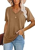 Tshirts for Womens V Neck Short Sleeve Spring Tops Tan XL