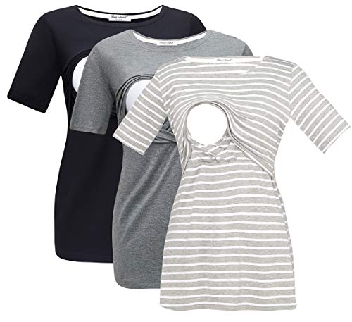 Image of Bearsland Women's 3 Packs Maternity Nursing Tops Short Sleeve Breastfeeding Shirts