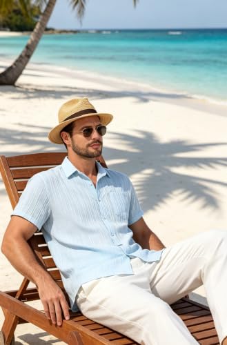Zyvrenix Mens Casual Short Sleeve Button Down Textured Shirts Light Blue M - image 3