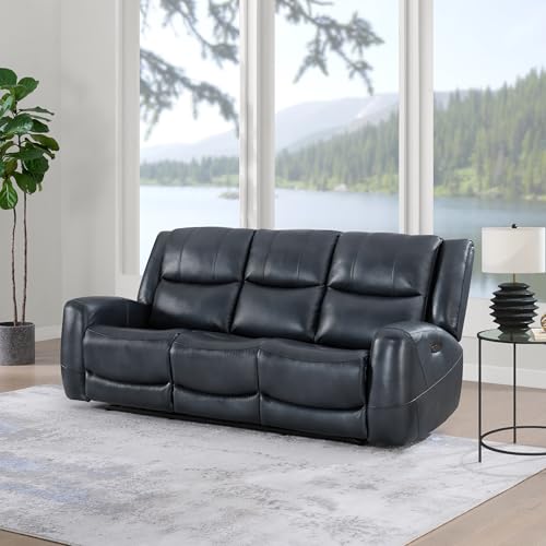 Roundhill Furniture Cozura Leather Power Dual Reclining Sofa, Chesapeake Blue