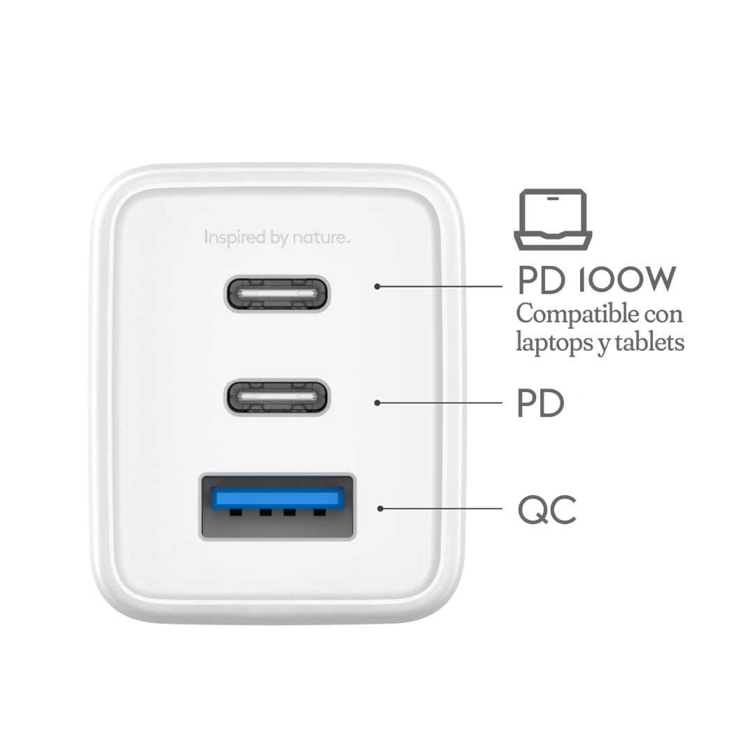 HUNE Huron 100 W, caricatore da parete triplo 2 USB-C e 1 USB-A, GaN e PPS, 100 W, ricarica rapida, plastica riciclata certificata, compatibile con laptop, tablet e cellulari