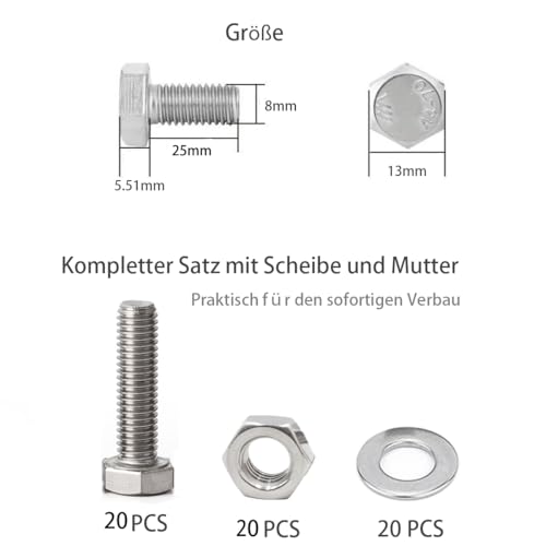 20 Pieces M8 x 25 Stainless Steel Hexagon Screws with Nuts and Washers Set, Hexagon Screws Machine Screws DIN 933 - Image 4