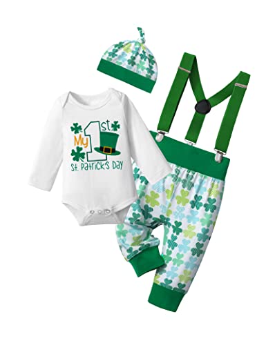 Image of AGAPENG St Patricks Day Baby Boy Outfit My First St Patricks Day Baby Boy Outfit Romper Shamrocks Suspenders Pants Hat