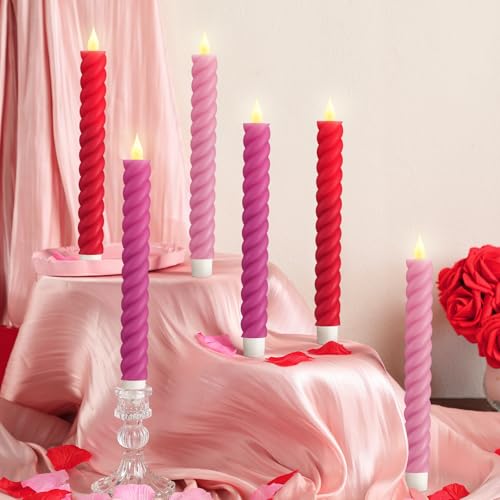 Image of Baquler 6 Pcs Flameless Taper Candle Pink and Red Twisted LED 9.65 Inch Taper Candles Battery Operated Twisted Candlestick for Spring Birthday Home Party Dinner Table Decor