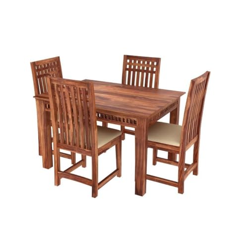 Image of AS Arts Sheesham Wood Rectangular 4 Seater Dining Table Set of 4 with Cushioned Chairs for Home & Dining Room | Solid Wood | Natural Honey Finish