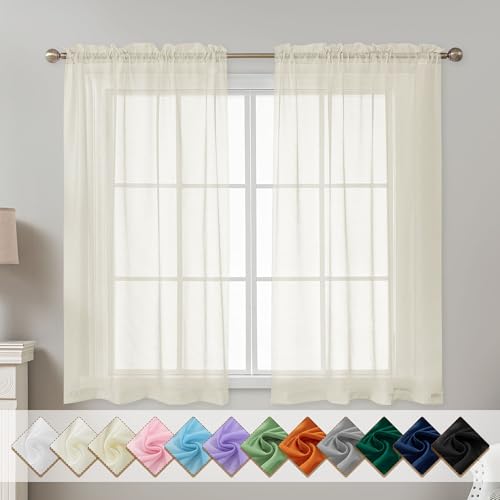 Image of Natural Sheer Curtains 54 Inch Length, Privacy Semi Sheer Curtains for Dining Room Kitchen, Light Filtering Rod Pocket Voile Window Drapes 2 Panels Set, Each 42 inch W x 54 inch L