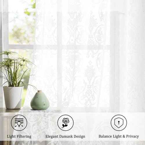 Image of Treatmentex Damask Lace Sheer Curtains White Vintage Light Filtering Curtains for Bedroom, Elegant Victorian Floral Lace Sheer Curtains 54 x 63 Inch, 2 Panels