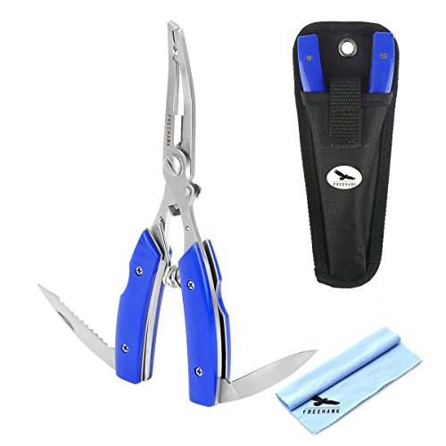 FREEHAWK® Multi Function Stainless Steel Fishing Pliers Curved Nose Scissors Braid Cutters Hook Removers Fishing Line Cutters with 2 Small Blades in Blue with Nylon Sheath