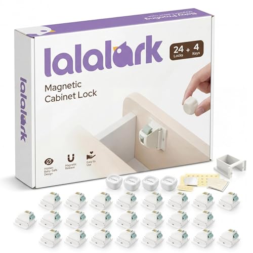 lalalark Magnetic Cabinet Locks Baby Proofing (24 Pack+4 Keys), Easy Installation Adhesive Child Proof Locks for Baby Safety, No Tools Child Safety Latches for Cabinets, Drawers, Doors by lalalark - Used condition - US$32.50