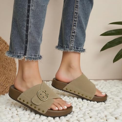 Image of UBFEN Womens Slides Platform Sandals - Genuine Leather, Arch Support Comfortable Buckle Sandals for Walking