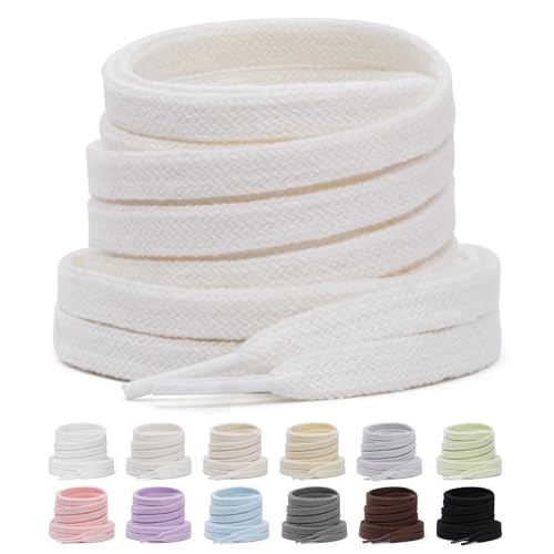 Puzeam 2 Pairs Flat Cotton Shoe Laces 8mm Wide Double Layer Shoelaces for Trainers Sneakers 18 Colours Replacement Athletic Lace - Off White 127