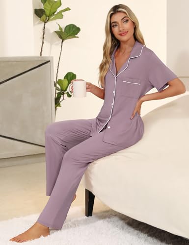 Image of Senert Womens 2 Piece Pajamas Set Button Down Top and Pants Soft Sleepwear | Short Sleeve Lounge Sets with Pockets, Maternity / Nursing /Postpartum Pjs Set, Bride Pjs Set for All Seasons