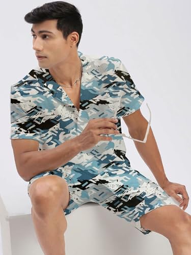 Image of Amazon Brand - Anarva Mens Camouflage Printed Co-ord Set | Half Sleeve Shirt and Shorts Set | Casual Summer Outfit for Beach, Travel, Vacation -