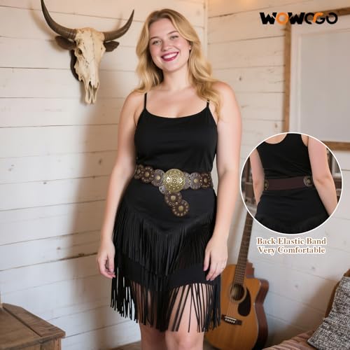 Western Boho Chunky Cowgirl Disc Belt for Women Circle Country Concho Big Wide Leather Elastic Waist Belts3