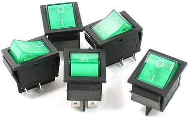 DPST Rocker Switch On Off AC 10A 250V 20A 125V 4 Pin 5 Pack | DPST green neon rocker switch, ON/OFF, 4-pin, 10A 250V/20A 125V, black/green, 5-pack, mounting 27x21mm.