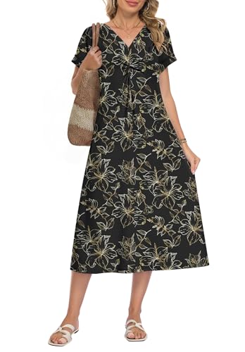 WNEEDU Women Summer Midi Dress Twist Front V Neck Short Sleeve Loose Casual Pockets,Black Gold Leaf,L