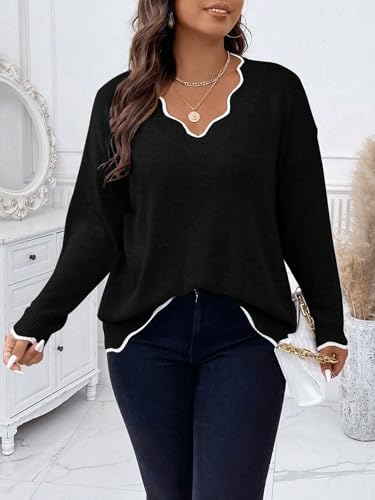 Image of MAKEMECHIC Women's Plus Size Long Sleeve Sweaters Scalloped V Neck Knit Cozy Sweater Pullover