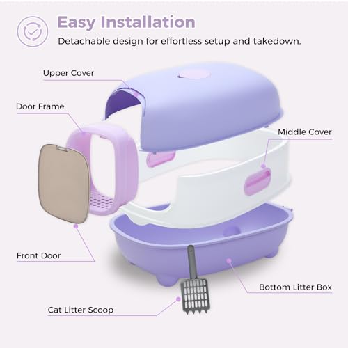 PAWZ Road Large Cat Litter Box with Lid Covered,Enclosed Odorless Leak-Proof Urine Litter Box with Litter Scoop,Easy to Install and Clean-Purple