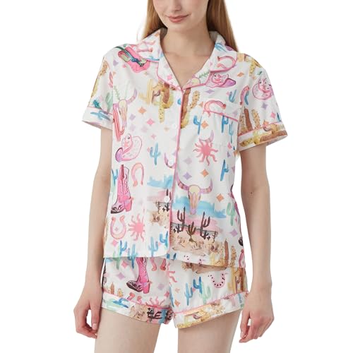 Short Pajamas for Women Cute Print 2 Piece Pajama Set Short Sleeve Button Down Sleepwear Lapel Shirt Pj Short Set