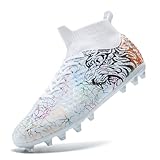 ZGWULZNGL Soccer Cleats Boys Youth Training Football Cleats Athletic Outdoor Girls Soccer Shoes High-top Kids Football Shoes,White,Big Kid 5.5