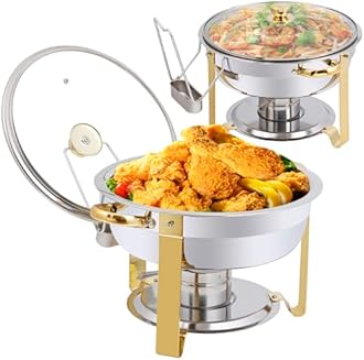 Chafing Dish Buffet Set 5 QT Stainless Steel Chafing Dishes Round Buffet Food Warmer Chafers Set for Parties Catering Event with Glass Lid, Lid Holder 6PCS