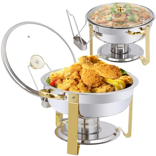 Chafing Dish Buffet Set 5 QT Stainless Steel Chafing Dishes Round Buffet Food Warmer Chafers Set for Parties Catering Event with Glass Lid, Lid Holder 6PCS