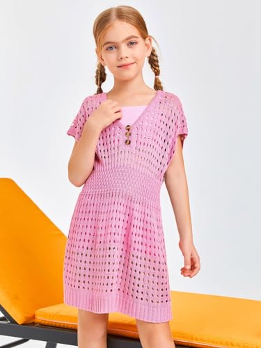 Haloumoning Mädchen Strandkleid Cover Up Sommer Bikini Poncho Kurzarm Strick Kinder Mode Badeanzüge, Rosa, 130