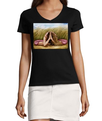 T-shirt col en V femme noir coton anti-irritation motif yoga pour peau sensible M