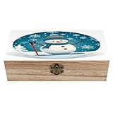 HLBSDM Baúl de madera decorativo con tapa, diseño retro de muñeco de nieve y copo de nieve para fotos y recuerdos.