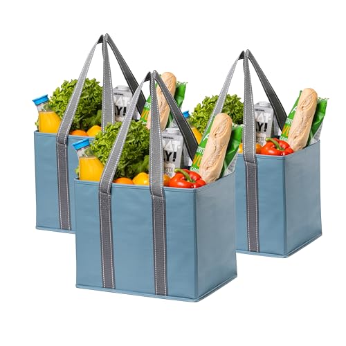 VENO 3 Pack Reusable Grocery Bag, Shopping Cart Bag, Trunk Organizer, Storage Box, Heavy Duty Tote, Hard Bottom, Stands Upright, Collapsible, Water-Resistant, Large Size (Light Blue - Set of 3)