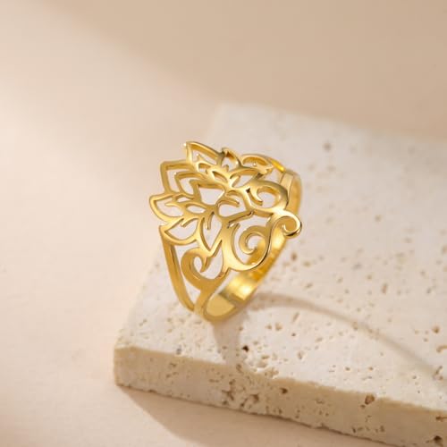 kkjoy Lotus Flower Ring Stainless Steel Yoga Symbol Promise Ring Amulet Jewelry for Women Charming Ladies2