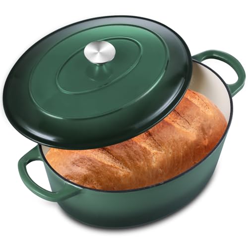 Leonyo 7-Quart Enameled Cast Iron Oval Dutch Oven Pot with Lid, Emerald