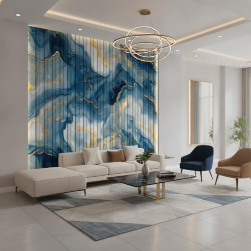 Image of Blue Gold Louvers Self-Adhesive Kitchen Wallpaper Roll, PVC 3D Wall Sticker Oil Proof, Waterproof & Washable Wallpaper for Home Decor, Living Room, Bedroom, Hotel & Cafe Walls (45x300cm)