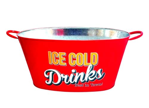Retro Large Ice Cold Drinks Metal Bucket, Oval Party Beverage Tub with Handles, Available in Yellow, Red, Green, Natural Colors (Red)