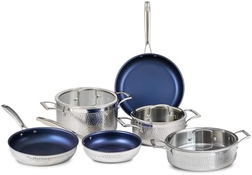 The Blue Jean Chef 9-Piece Stainless Steel Cookware Set, Hammered Finish, Tri-Ply Construction Clad Cookware, Nonstick; Induction, Oven & Dishwasher Safe