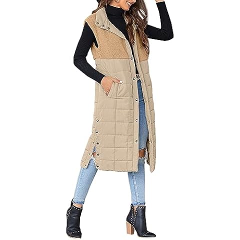 UMEKO Women's Long Puffer Vest Fleece Jacket Winter Button Down Sleeveless Coats Cover