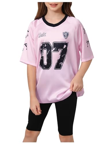 Image of GORGLITTER Girl's Cute Tee Tops Y2K Oversized Jersey Letter Graphic V Neck Half Sleeve Summer Vacation Going Out Shirts