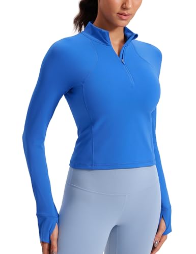 Image of CRZ YOGA Butterluxe Half Zip Crop Top | Workout, Extremely Soft, Slim Fit, Thumbholes, Side Pocket, Long Sleeve Shirts for Women