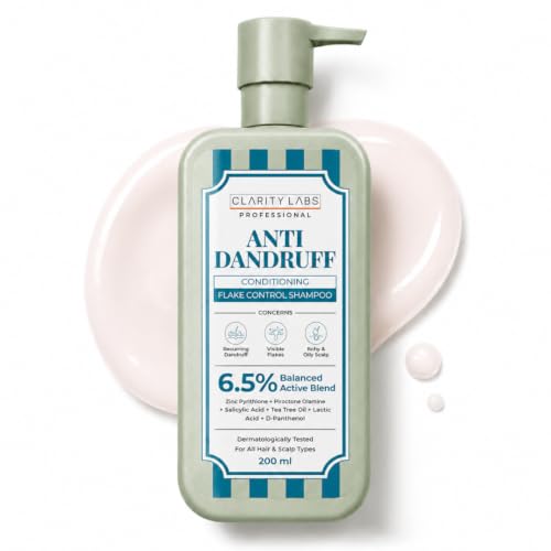 Image of Anti Dandruff Shampoo with 6.5% Balanced Active Blend | 2% Zinc Pyrithione, Piroctone Olamine, Tea Tree Oil, Salicylic Acid, Argan Oil & Neem | Dandruff Control, Itchy Scalp & Flake Removal Shampoo for Men, Women, Boys, Girls & Teens | Sulphate Free | 200ml | Clarity Labs