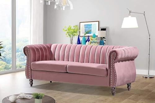 Image of Modern & Classic Chesterfield Sofa 5 Seater Sofa Velvet L-Shape Corner Sectional Button Tufted Sofa for Living Room, Dining Room, Office and Hallway-(Pink).