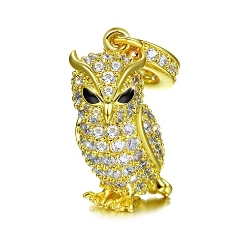 GNOCE Owl Pendant Bead Charm With Bracelet S925 Sterling Silver Guarding You 18k Gold Plated Charm with CZ Fit for Bracelet/Necklace Charm Gifts for Animal Lover (owl)