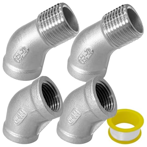 4PCS 45 Degree Elbow Pipe Fittings, 1/2 Inch NPT Female Pipe Fitting and Female to Male Thread Hose Connector Adapter, 304 Stainless Steel Casting Connector Cover